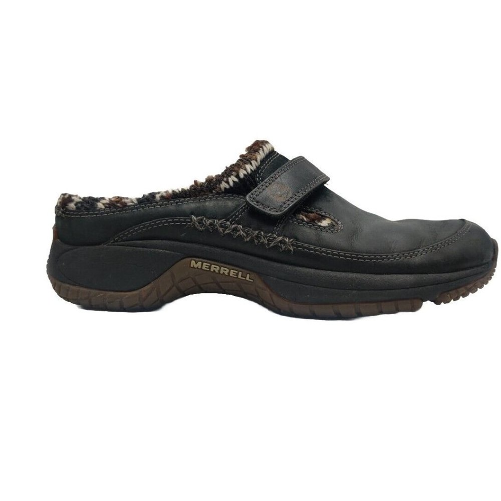 Merrell Encore Scoop Black Suede Leather Knit Collar Mocs Clogs Women's Size 6.5